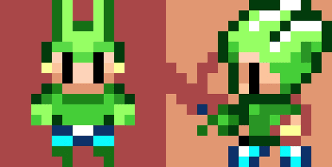 Pixel-art character generated by PixSprite: the base sprite next to its weapon-holding variant